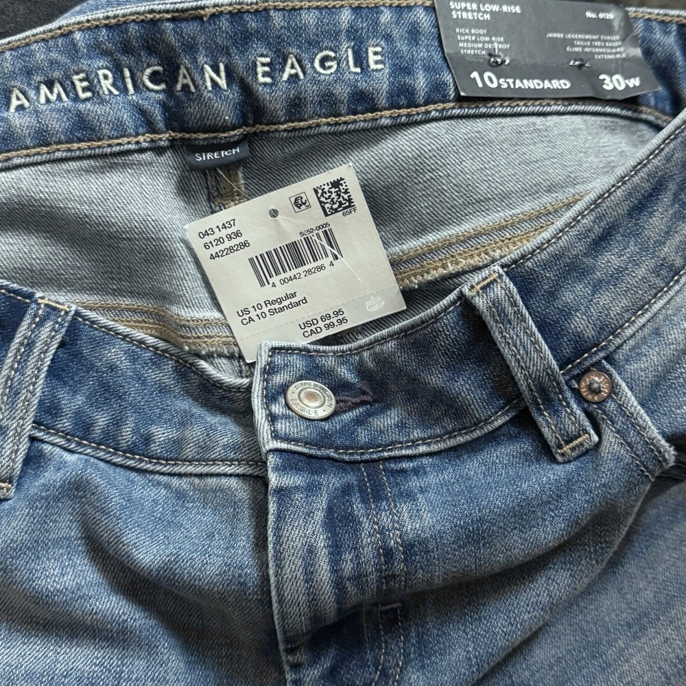 American Eagle Kick Boot Jeans 10 Super Low Rise Distressed Stretch Y2K Blue 30W - Picture 5 of 14
